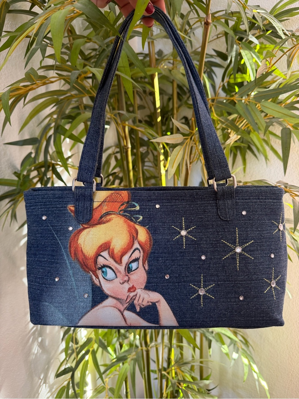 Disney Store TINKERBELL Denim Rhinestone Handbag Snap Closure Peterman